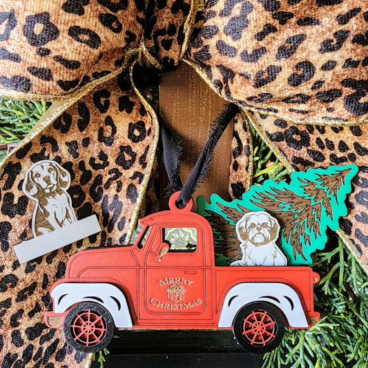 "Along for the Ride" Dog & RED Truck Ornament w/Interchangeable Inserts